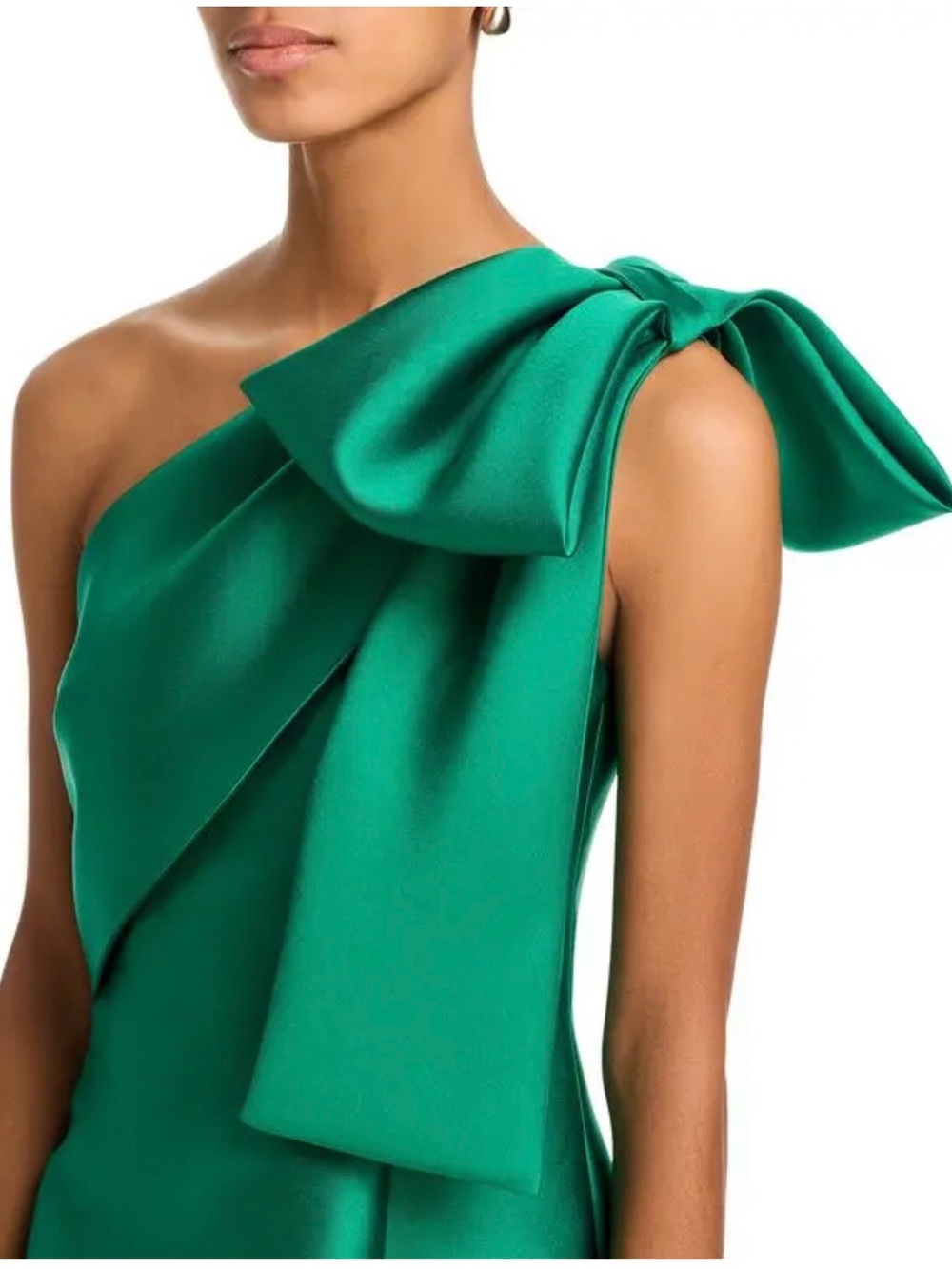 Aqua Emerald One-Shoulder Satin Gown with Shoulder Bow - Picture 2 of 6